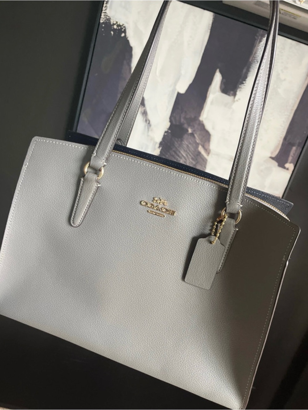 COACH Pebbled Leather Shoulder Tote in Light Gray with Gold Hardware